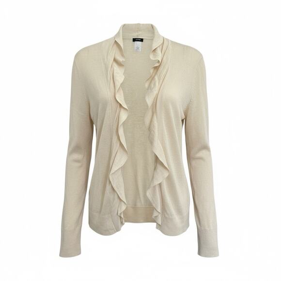 J.Crew Size L beige open-front ruffled cardigan. lightweight knit sweater - Picture 1 of 5